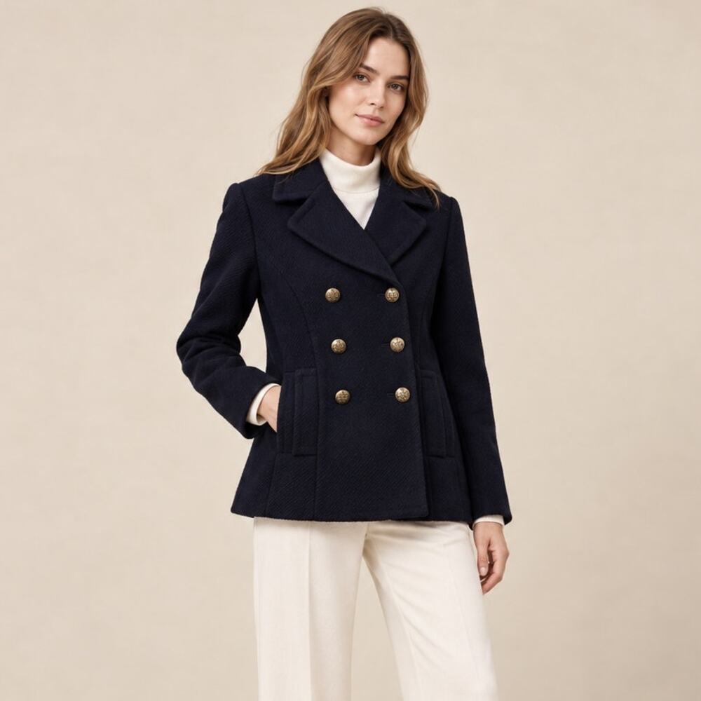 Banana Republic XS Wool Melton Pea Coat $250 Double Breasted Military Navy Blue